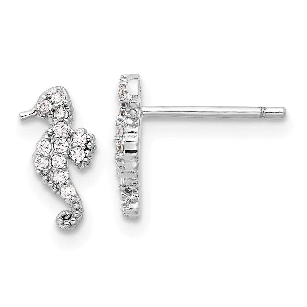 Sterling Silver Rhodium-Plated Polished CZ Seahorse Post Earrings