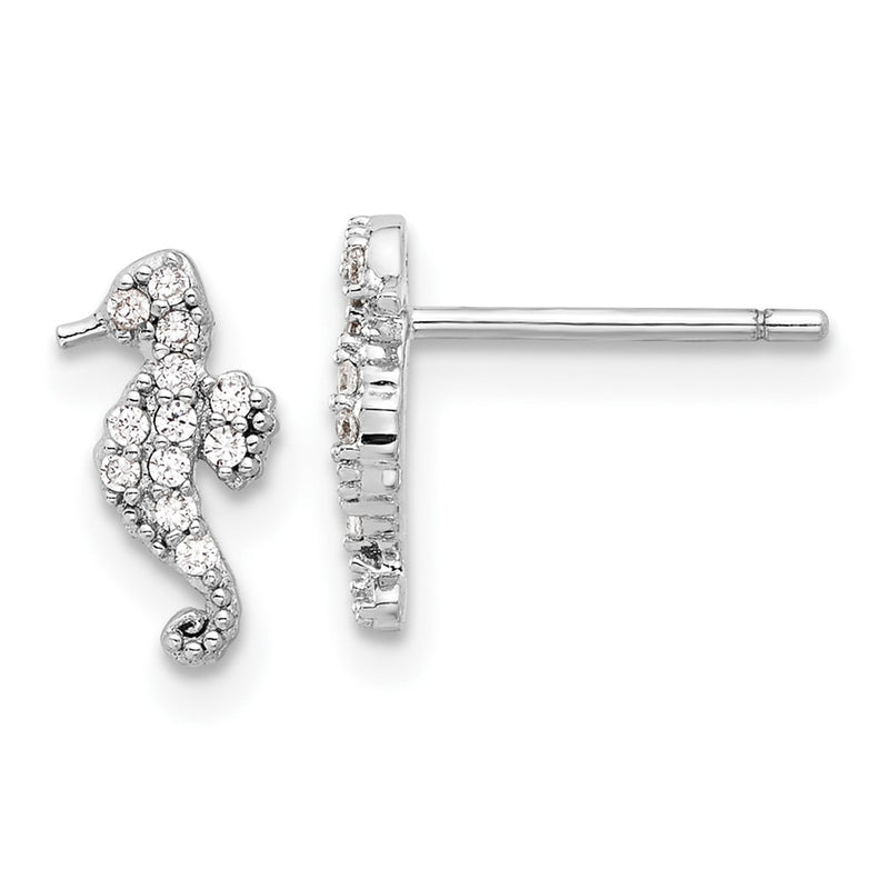 Sterling Silver Rhodium-Plated Polished CZ Seahorse Post Earrings