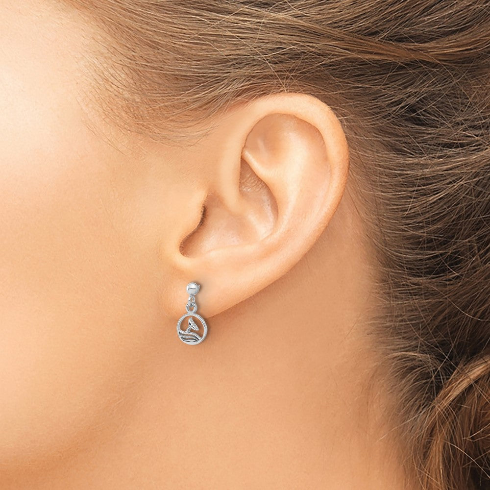 Sterling Silver Rhodium-Plated Whale/dolphin Tail Post Dangle Drop Earrings