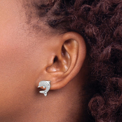 Sterling Silver Rhodium-Plated CZ Dolphin Post Earrings