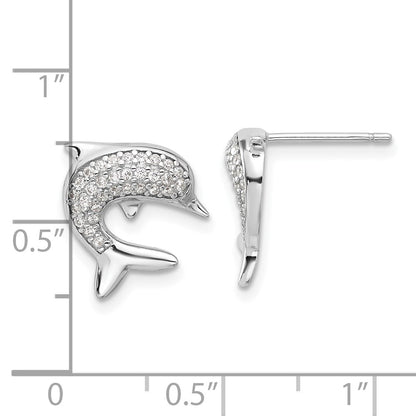 Sterling Silver Rhodium-Plated CZ Dolphin Post Earrings