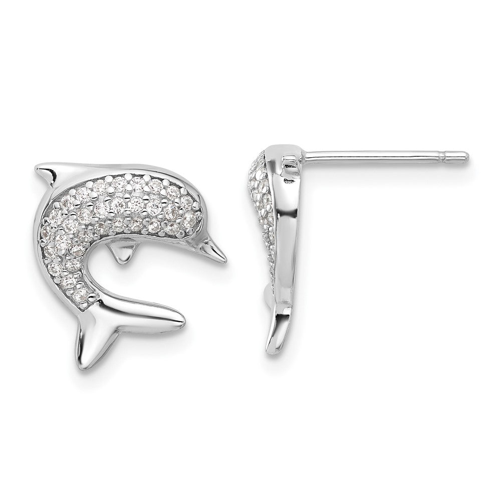 Sterling Silver Rhodium-Plated CZ Dolphin Post Earrings