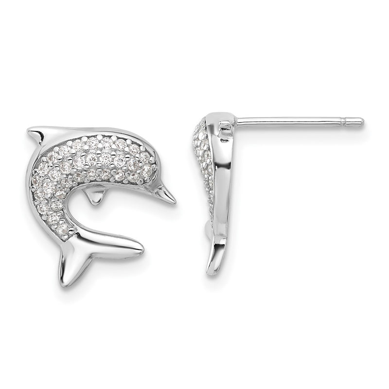 Sterling Silver Rhodium-Plated CZ Dolphin Post Earrings