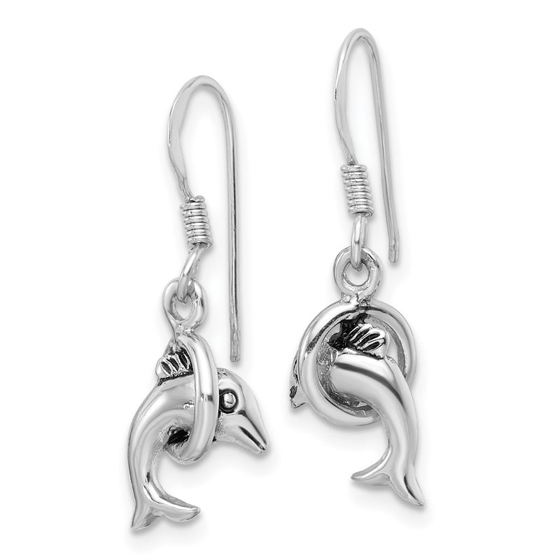 Sterling Silver Rhodium-Plated Antiqued Dolphin Shepherd Hook Earrings
