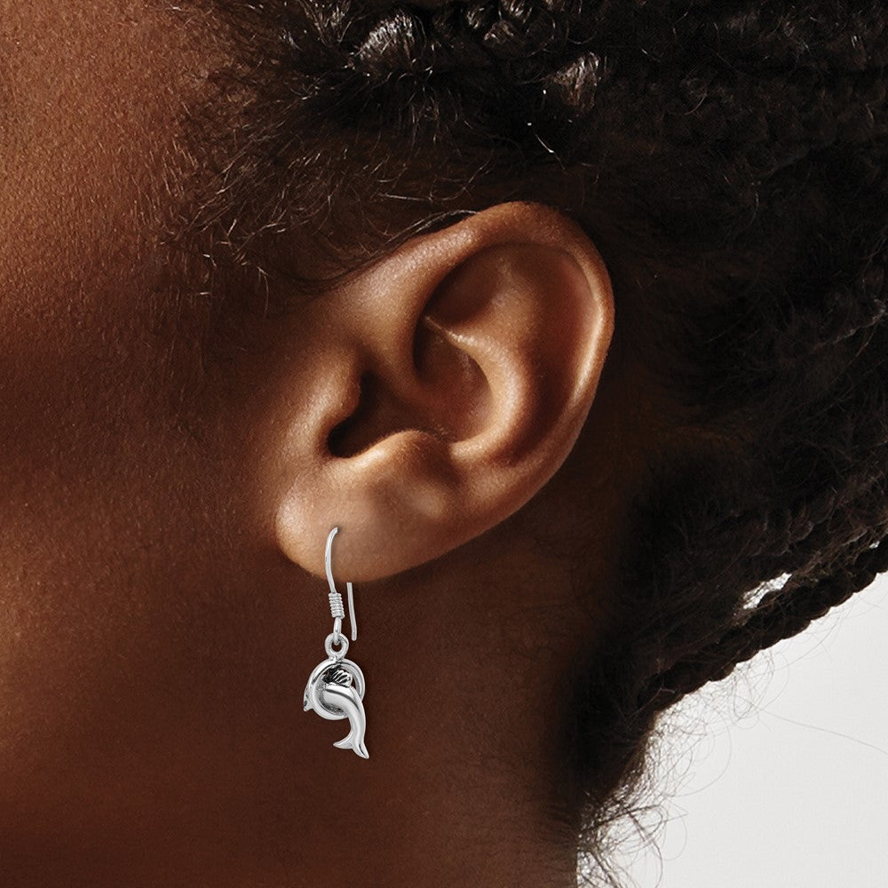 Sterling Silver Rhodium-Plated Antiqued Dolphin Shepherd Hook Earrings