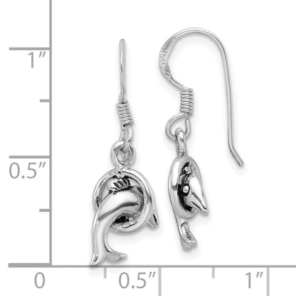 Sterling Silver Rhodium-Plated Antiqued Dolphin Shepherd Hook Earrings