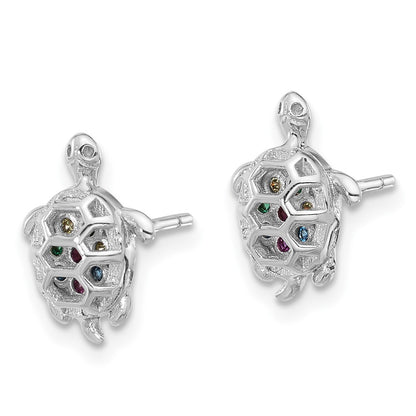 Sterling Silver Rhodium-Plated Multi-Color CZ Turtle Post Earrings