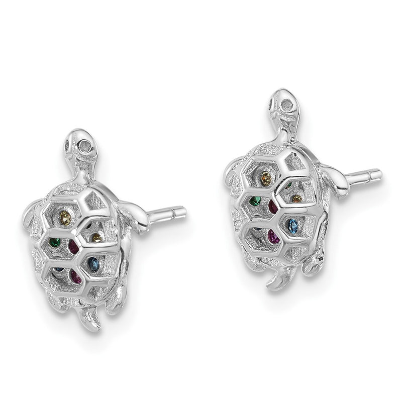 Sterling Silver Rhodium-Plated Multi-Color CZ Turtle Post Earrings