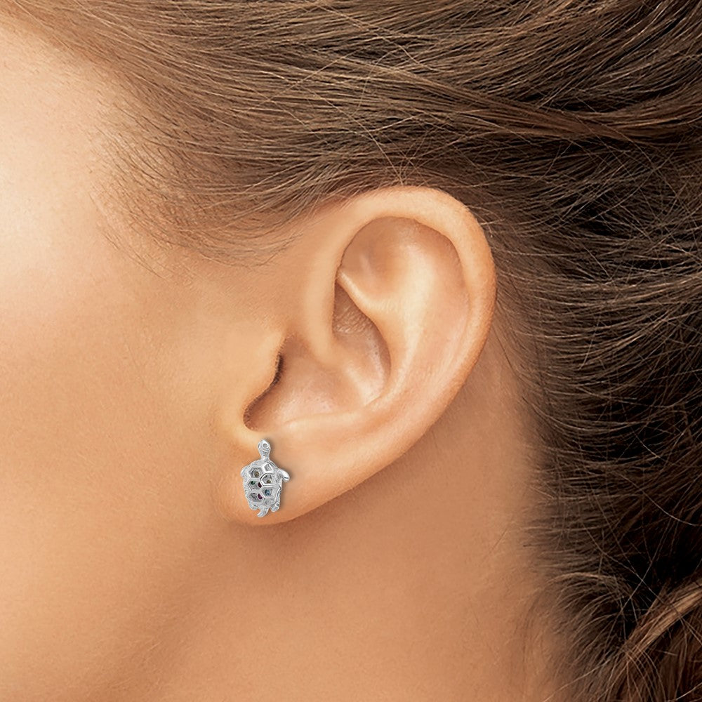 Sterling Silver Rhodium-Plated Multi-Color CZ Turtle Post Earrings