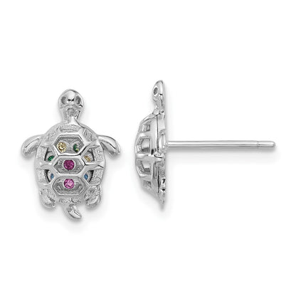 Sterling Silver Rhodium-Plated Multi-Color CZ Turtle Post Earrings
