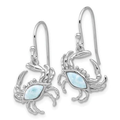 Sterling Silver Rhodium-Plated Larimar Crab Dangle Shepherd Hook Earrings
