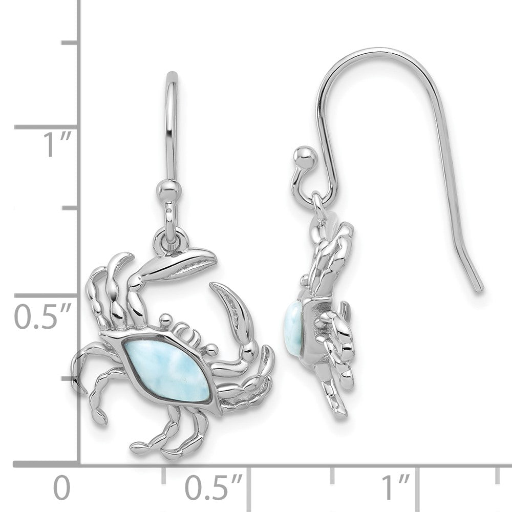 Sterling Silver Rhodium-Plated Larimar Crab Dangle Shepherd Hook Earrings