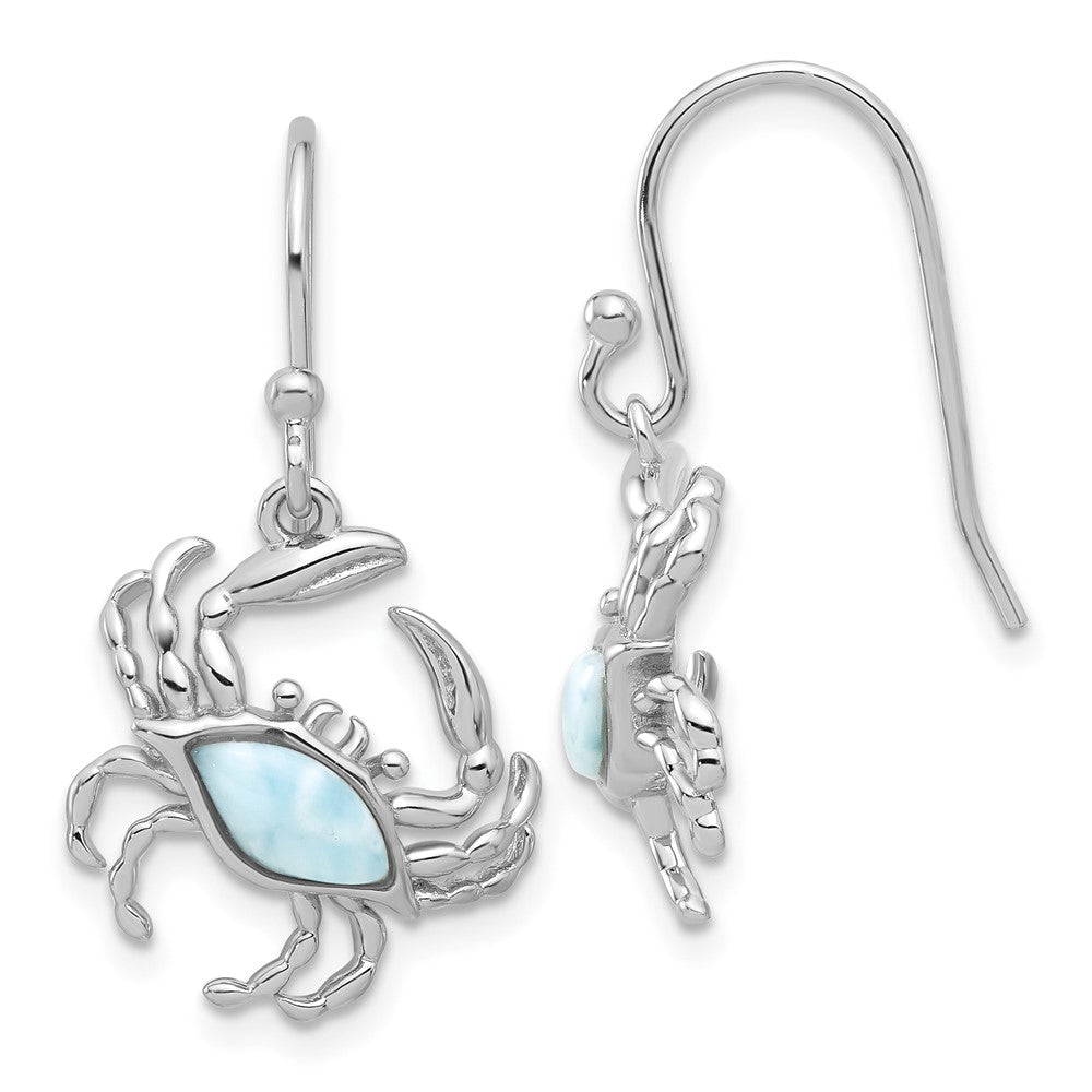 Sterling Silver Rhodium-Plated Larimar Crab Dangle Shepherd Hook Earrings