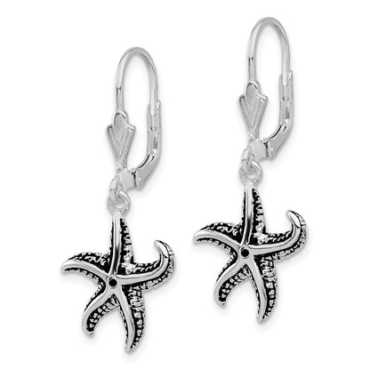 Sterling Silver Rhodium-Plated Oxidized Starfish Dangle Leverback Earrings