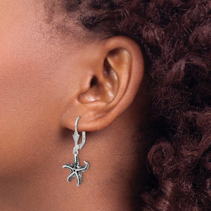Sterling Silver Rhodium-Plated Oxidized Starfish Dangle Leverback Earrings