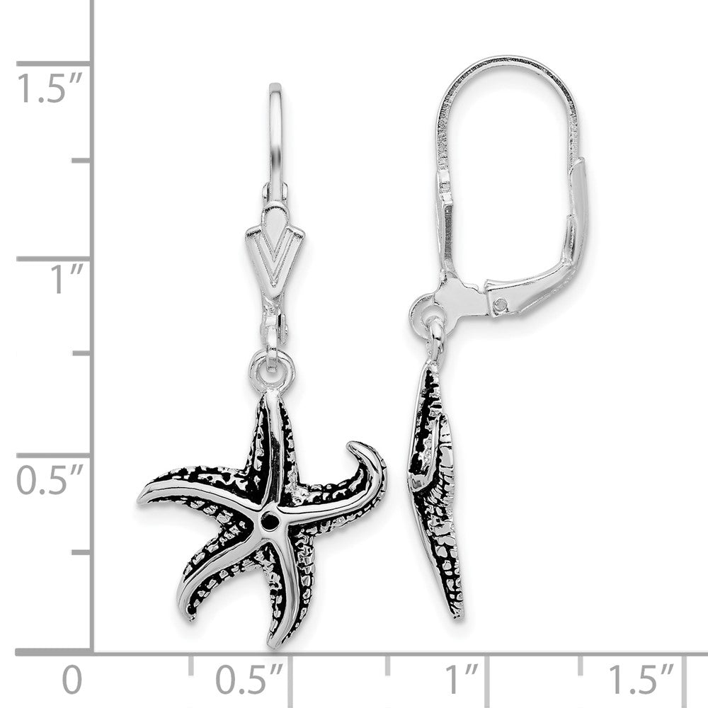 Sterling Silver Rhodium-Plated Oxidized Starfish Dangle Leverback Earrings