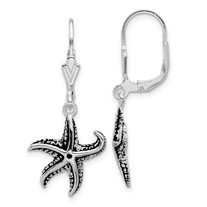 Sterling Silver Rhodium-Plated Oxidized Starfish Dangle Leverback Earrings