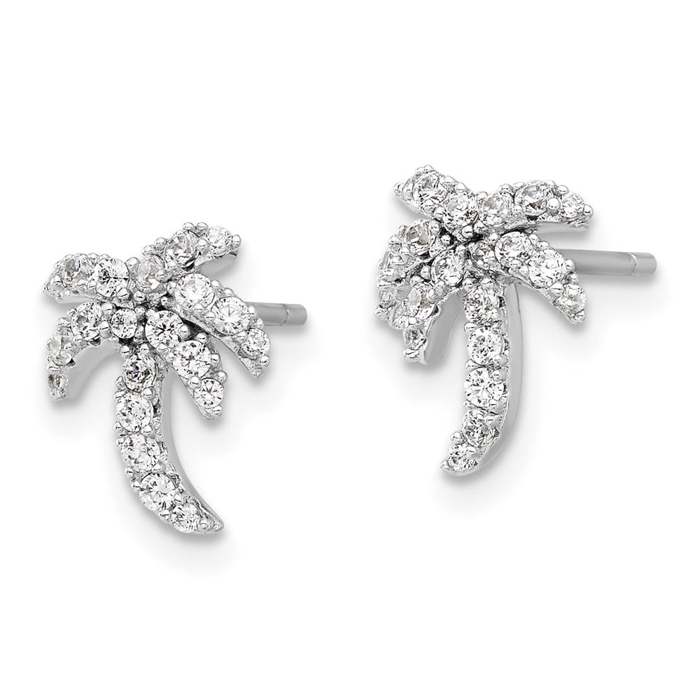 Sterling Silver Rhodium-Plated CZ Palm Tree Post Earrings