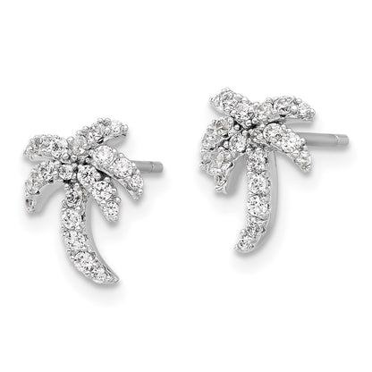 Sterling Silver Rhodium-Plated CZ Palm Tree Post Earrings