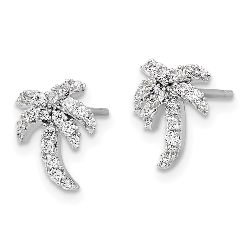 Sterling Silver Rhodium-Plated CZ Palm Tree Post Earrings