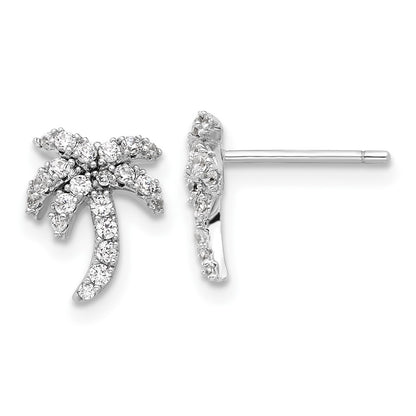 Sterling Silver Rhodium-Plated CZ Palm Tree Post Earrings