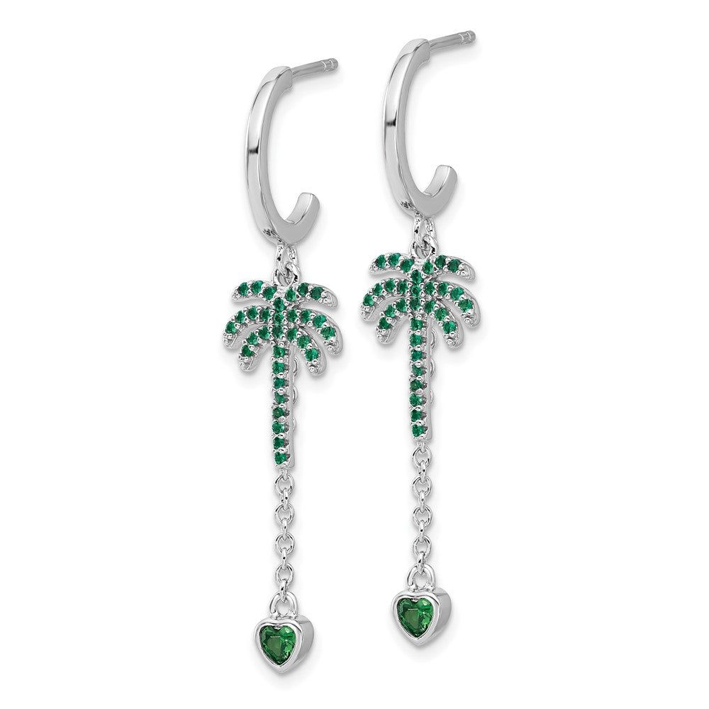 Fire Sterling Silver Rhodium Plated Green CZ Palm Tree Heart Post Hoop E