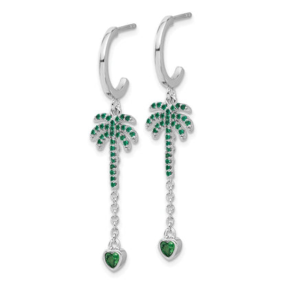 Fire Sterling Silver Rhodium Plated Green CZ Palm Tree Heart Post Hoop E