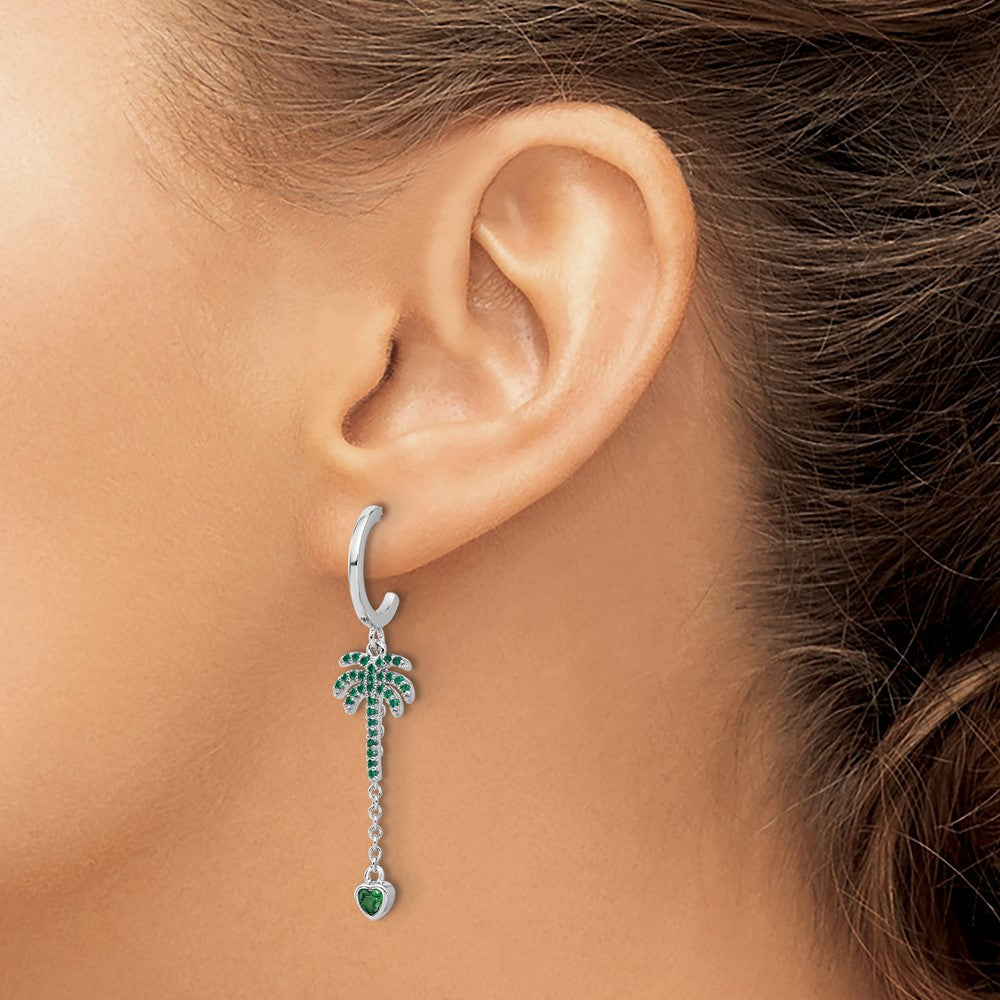 Fire Sterling Silver Rhodium Plated Green CZ Palm Tree Heart Post Hoop E