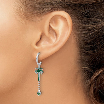 Fire Sterling Silver Rhodium Plated Green CZ Palm Tree Heart Post Hoop E