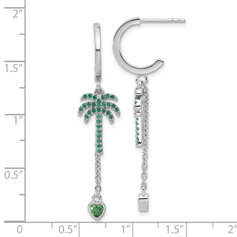 Fire Sterling Silver Rhodium Plated Green CZ Palm Tree Heart Post Hoop E