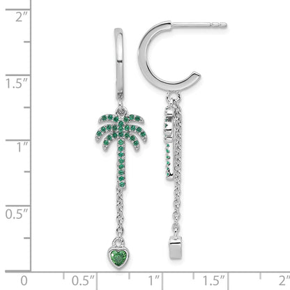 Fire Sterling Silver Rhodium Plated Green CZ Palm Tree Heart Post Hoop E