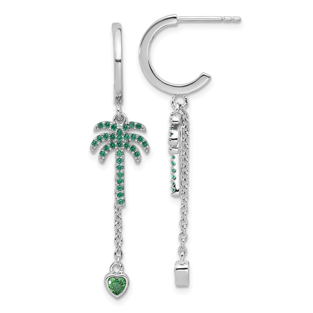 Fire Sterling Silver Rhodium Plated Green CZ Palm Tree Heart Post Hoop E