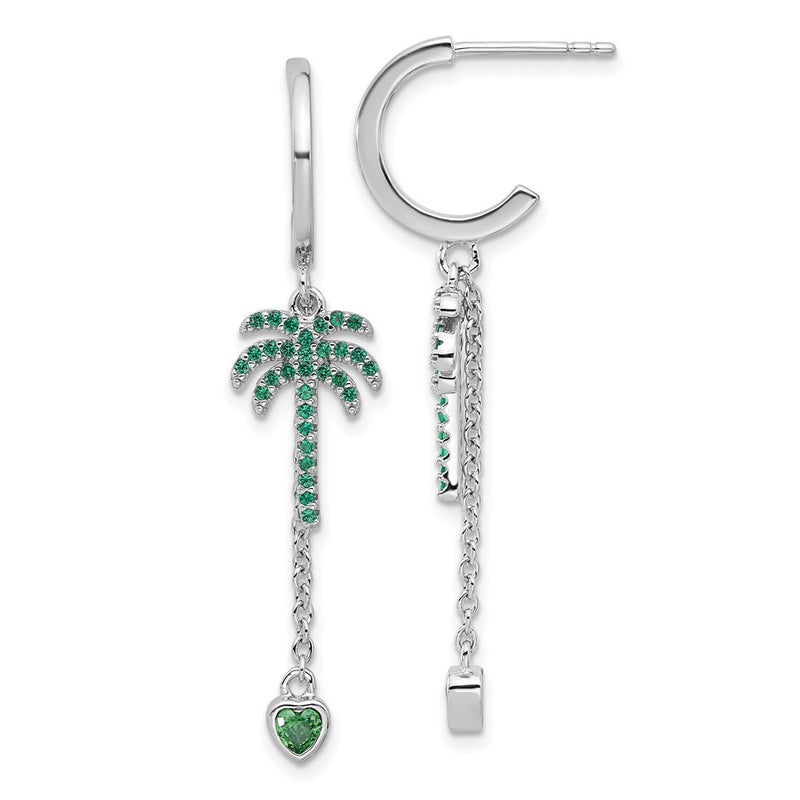 Fire Sterling Silver Rhodium Plated Green CZ Palm Tree Heart Post Hoop E