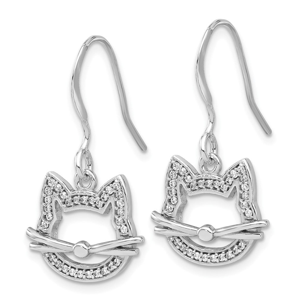 Sterling Silver Rhodium-Plated CZ Cat Head Dangle Earrings