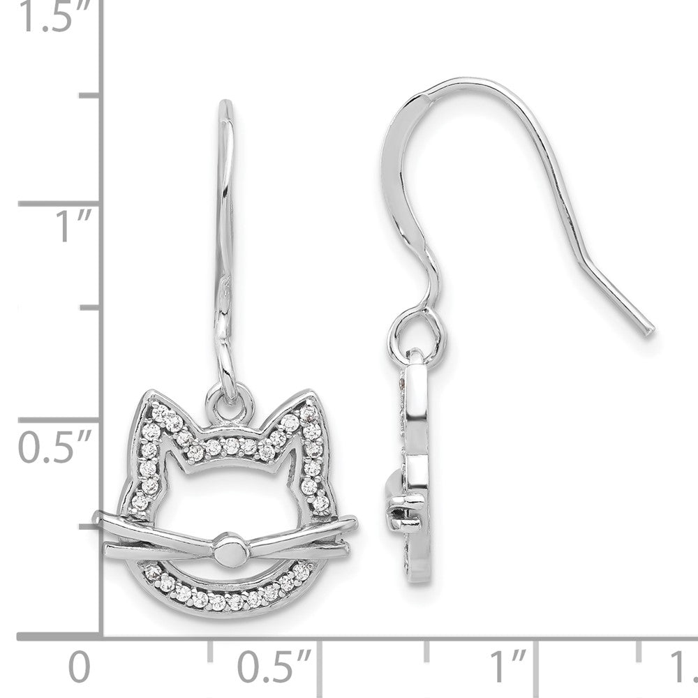Sterling Silver Rhodium-Plated CZ Cat Head Dangle Earrings