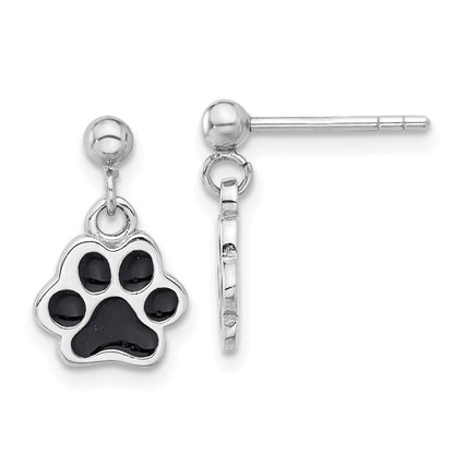 Sterling Silver Rhodium-Plated Enameled Dog Paw Post Dangle Earrings
