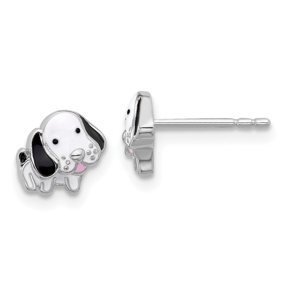 Sterling Silver Rhodium-Plated Black and White Enamel Dog Post Earrings
