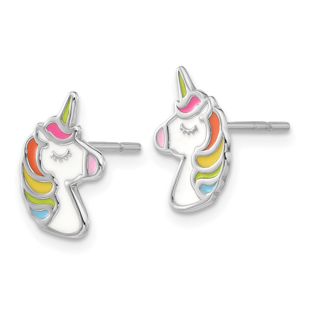 Sterling Silver Rhodium-Plated Polished Enameled Unicorn Post Earrings
