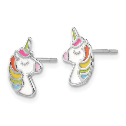 Sterling Silver Rhodium-Plated Polished Enameled Unicorn Post Earrings