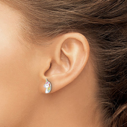 Sterling Silver Rhodium-Plated Polished Enameled Unicorn Post Earrings