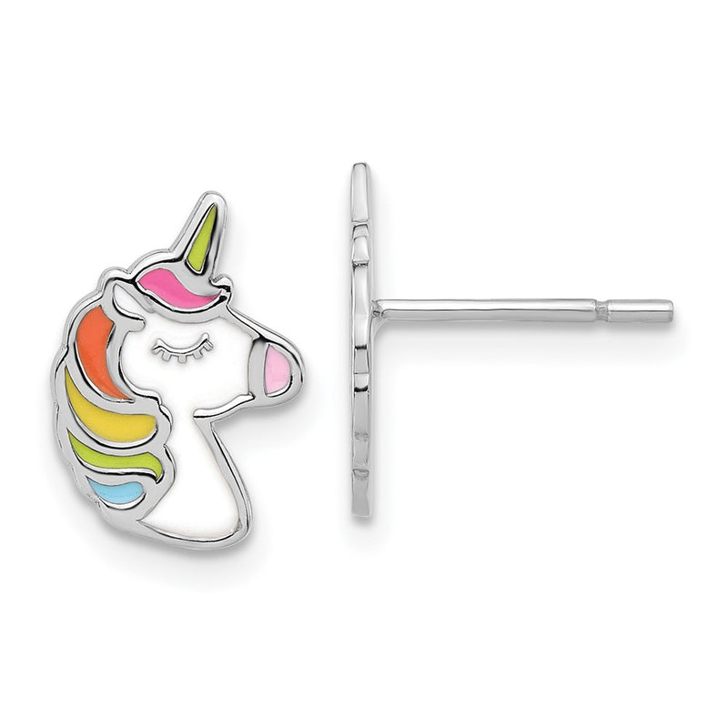 Sterling Silver Rhodium-Plated Polished Enameled Unicorn Post Earrings