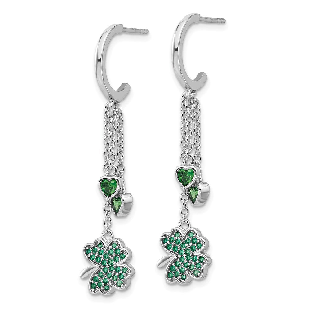 Fire Sterling Silver Rhodium Plated Green CZ Clover Heart Post Hoop Earri