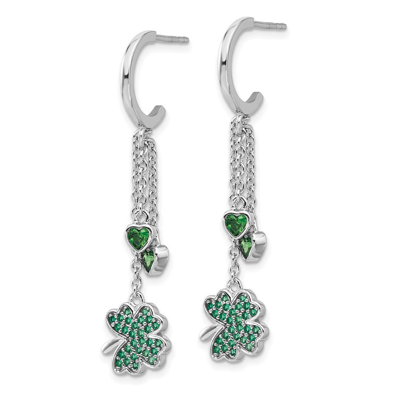 Fire Sterling Silver Rhodium Plated Green CZ Clover Heart Post Hoop Earri