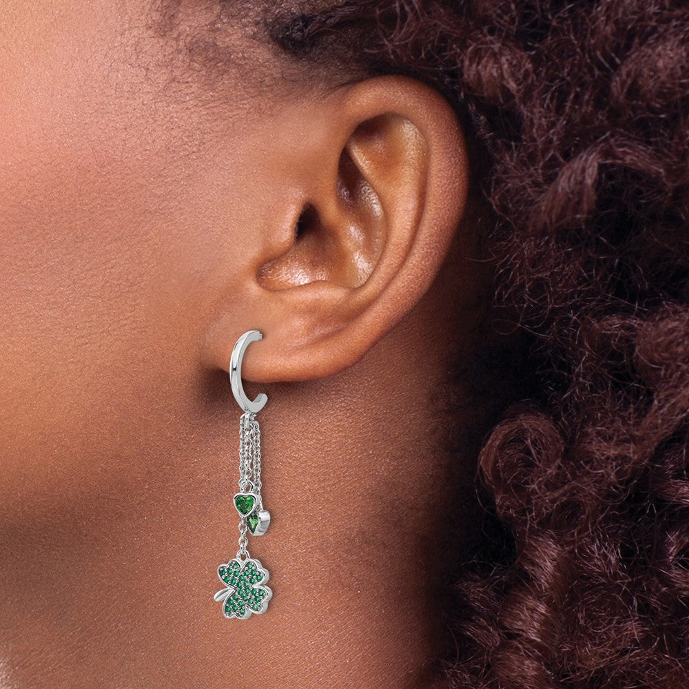 Fire Sterling Silver Rhodium Plated Green CZ Clover Heart Post Hoop Earri