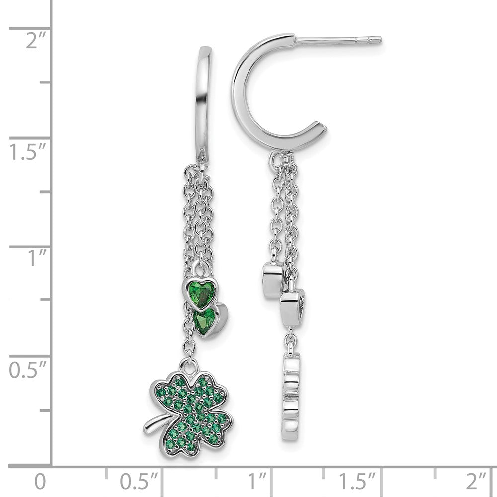 Fire Sterling Silver Rhodium Plated Green CZ Clover Heart Post Hoop Earri