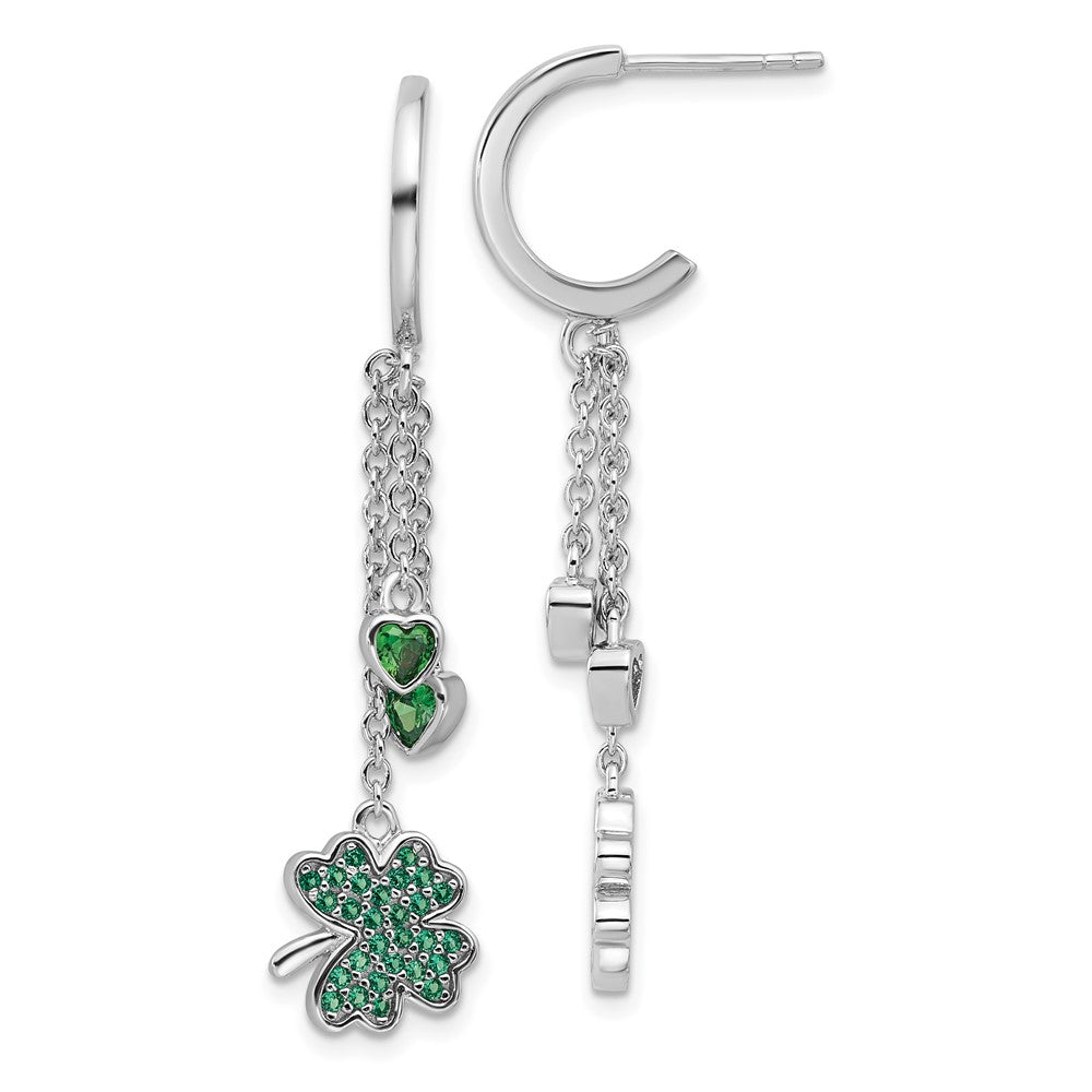 Fire Sterling Silver Rhodium Plated Green CZ Clover Heart Post Hoop Earri