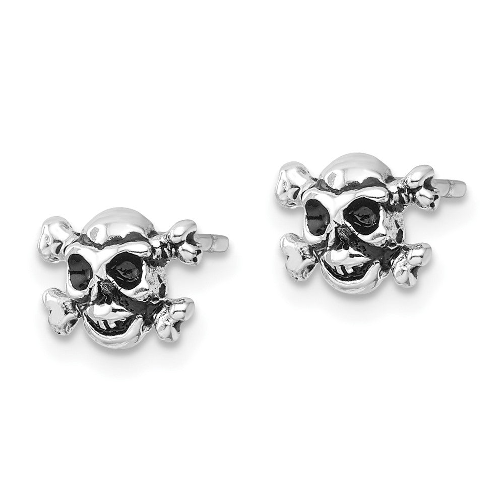 Sterling Silver Rhodium-Plated Antiqued Skull and Crossbones Post Earrings