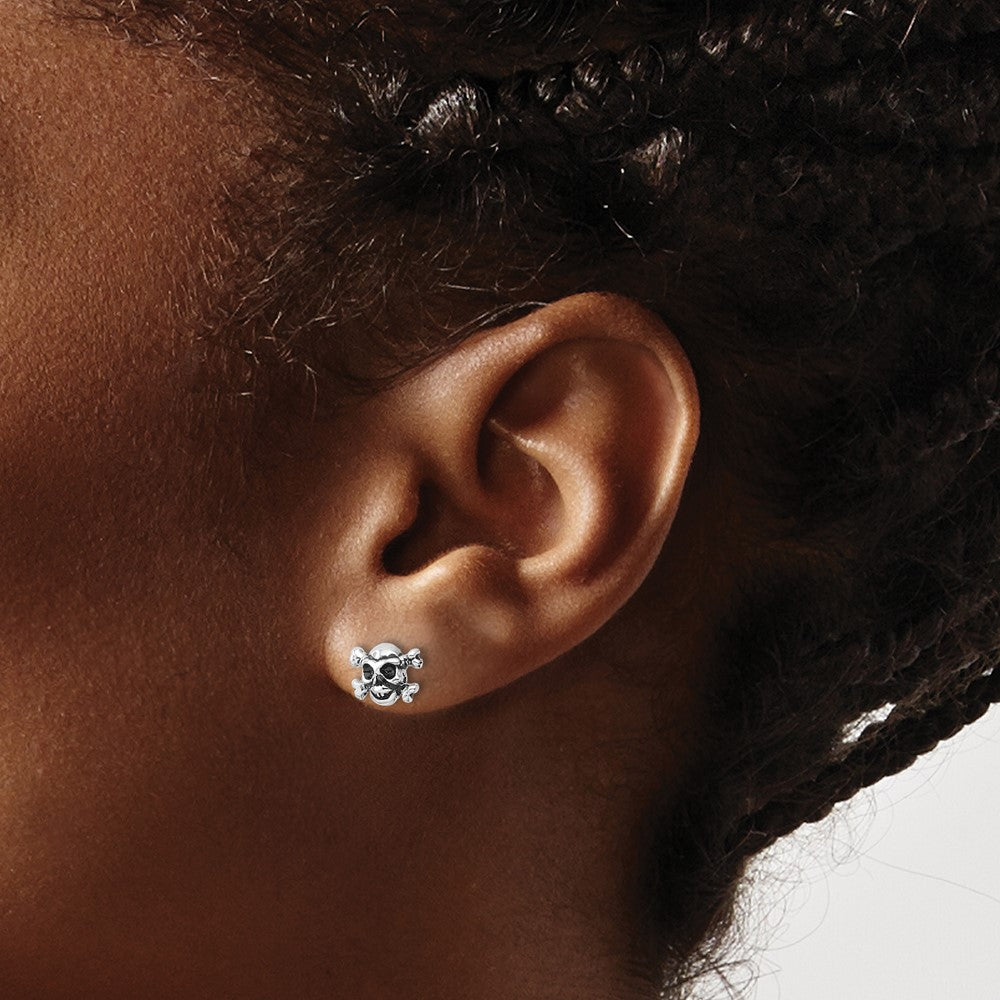Sterling Silver Rhodium-Plated Antiqued Skull and Crossbones Post Earrings