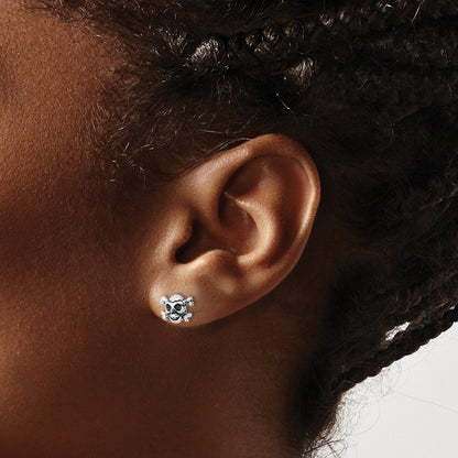 Sterling Silver Rhodium-Plated Antiqued Skull and Crossbones Post Earrings