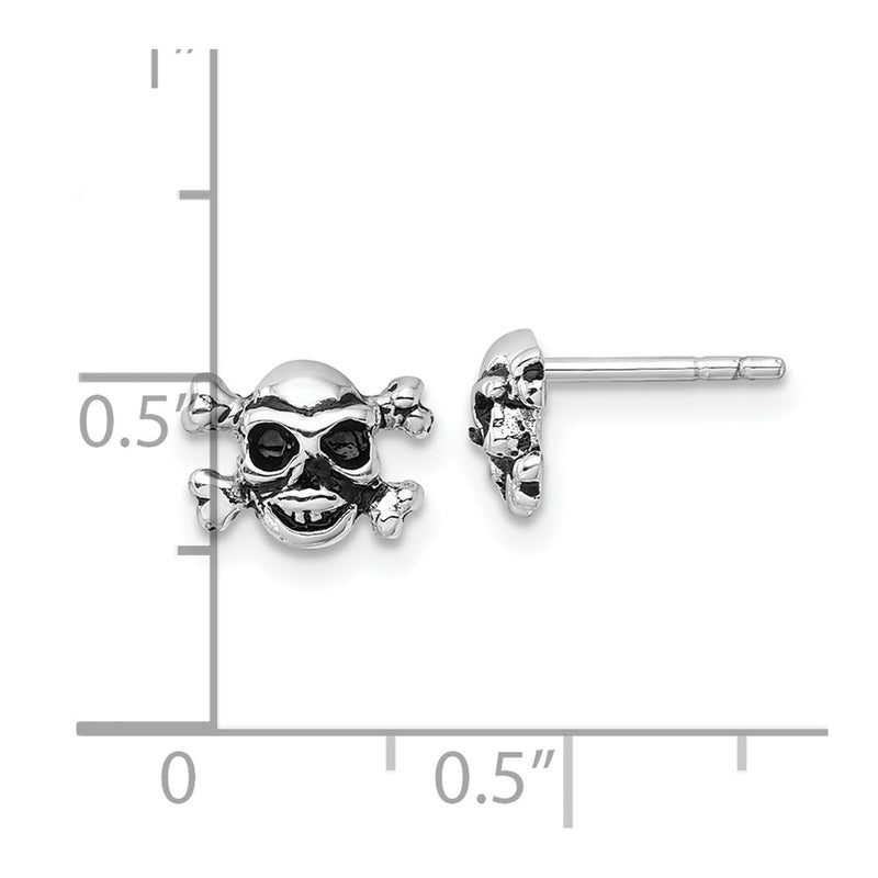 Sterling Silver Rhodium-Plated Antiqued Skull and Crossbones Post Earrings